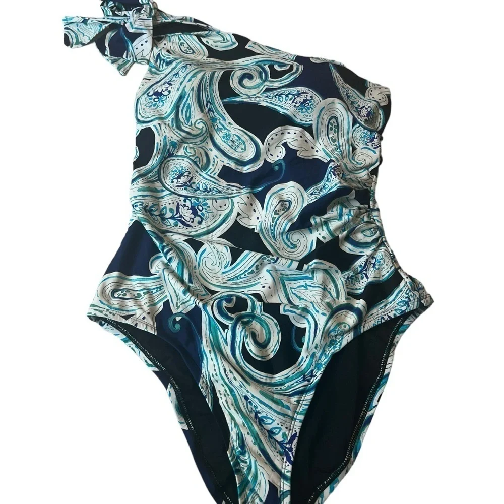 Swim Solution One Shoulder Navy Paisley One Piece Swimsuit Tummy Enhancer - Picture 5 of 15